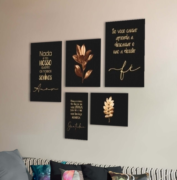 Kit Quadro Decorativo Textos e Flores em Preto com Dourado