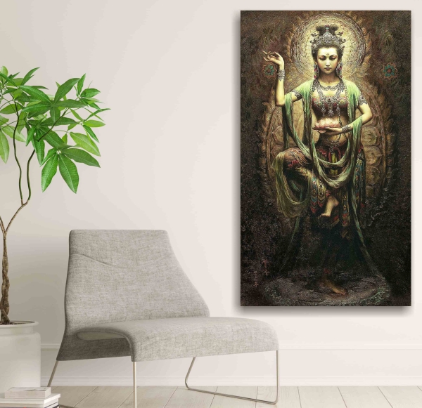Quadro Decorativo Kuan Yin Dourada