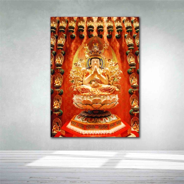 Quadro Decorativo Kuan Yin Vermelha e Dourada