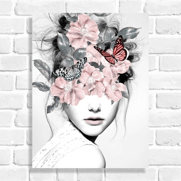 Quadro Decorativo Mulher com Flores e Borboletas 01