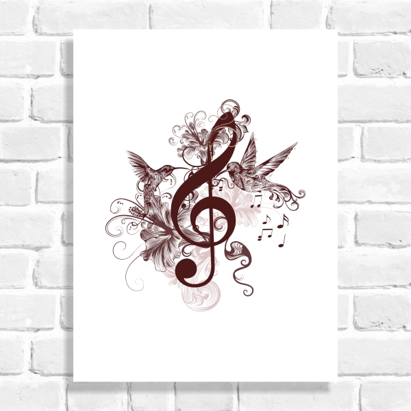 Quadro Decorativo Pássaros e Notas Musicais