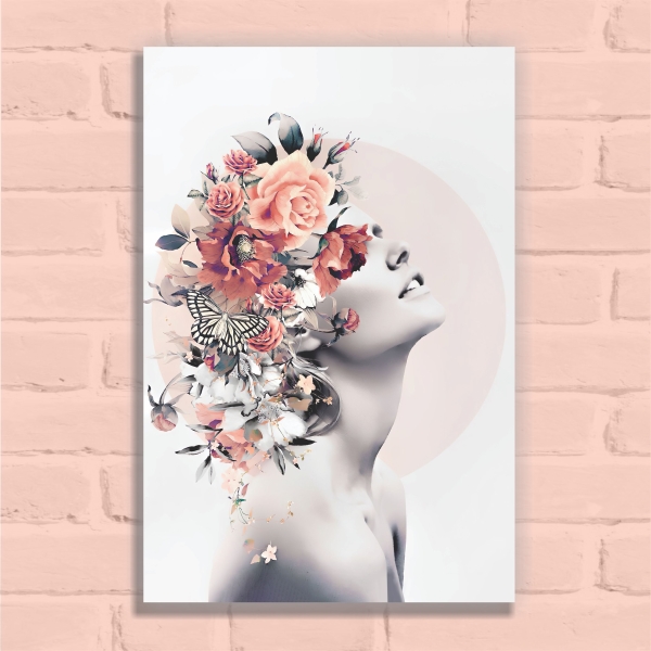 Quadro Decorativo Mulher com Flores e Borboletas 02